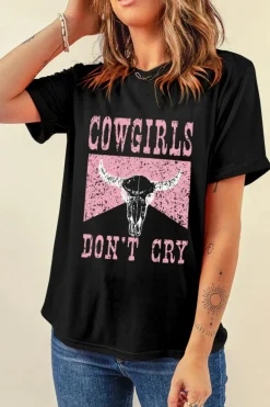 Sale Dear-Lover COWGIRL DONT CRY Steer Head Print Short Sleeve Top Black