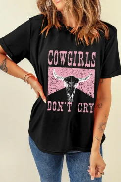 Sale Dear-Lover COWGIRL DONT CRY Steer Head Print Short Sleeve Top Black
