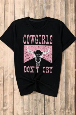 Sale Dear-Lover COWGIRL DONT CRY Steer Head Print Short Sleeve Top Black