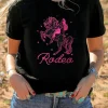 Fashion Dear-Lover Cowgirl Rodeo Embroidered Pattern Western Fashion Tee Black