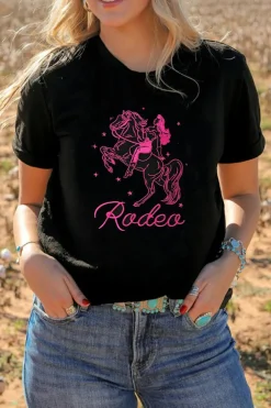 Fashion Dear-Lover Cowgirl Rodeo Embroidered Pattern Western Fashion Tee Black