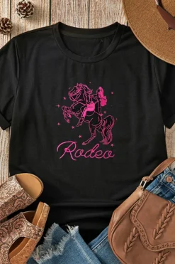 Fashion Dear-Lover Cowgirl Rodeo Embroidered Pattern Western Fashion Tee Black