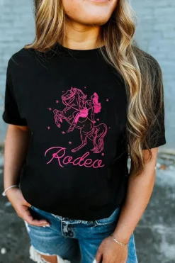 Fashion Dear-Lover Cowgirl Rodeo Embroidered Pattern Western Fashion Tee Black