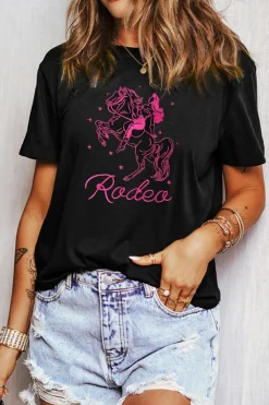 Fashion Dear-Lover Cowgirl Rodeo Embroidered Pattern Western Fashion Tee Black
