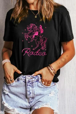 Fashion Dear-Lover Cowgirl Rodeo Embroidered Pattern Western Fashion Tee Black