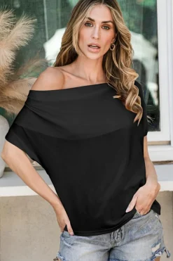 Fashion Dear-Lover Cowl Neck Bat Sleeve T Shirt Black