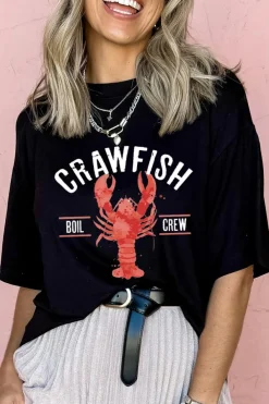 Fashion Dear-Lover CRAWFISH BOIL CREW Distressed Letter Graphic T Shirt Black
