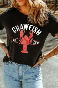 Fashion Dear-Lover CRAWFISH BOIL CREW Distressed Letter Graphic T Shirt Black