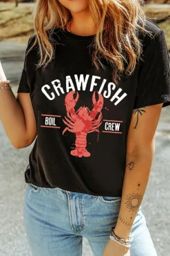 Fashion Dear-Lover CRAWFISH BOIL CREW Distressed Letter Graphic T Shirt Black