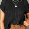 New Dear-Lover Crew Neck Cable Knit Short Sleeve Sweater Black