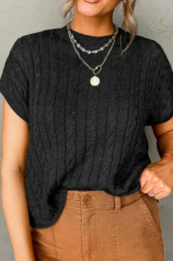 New Dear-Lover Crew Neck Cable Knit Short Sleeve Sweater Black
