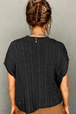 New Dear-Lover Crew Neck Cable Knit Short Sleeve Sweater Black