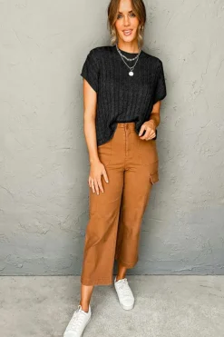 New Dear-Lover Crew Neck Cable Knit Short Sleeve Sweater Black
