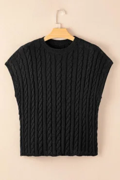 New Dear-Lover Crew Neck Cable Knit Short Sleeve Sweater Black