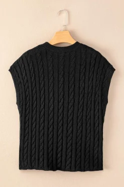 New Dear-Lover Crew Neck Cable Knit Short Sleeve Sweater Black