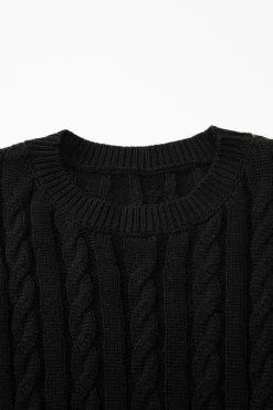 New Dear-Lover Crew Neck Cable Knit Short Sleeve Sweater Black