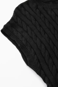 New Dear-Lover Crew Neck Cable Knit Short Sleeve Sweater Black