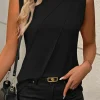 Online Dear-Lover Crew Neck Pleated Tank Top Black