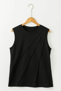 Online Dear-Lover Crew Neck Pleated Tank Top Black