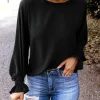 Sale Dear-Lover Crew Neck Ruffle Bubble Sleeve Top Black