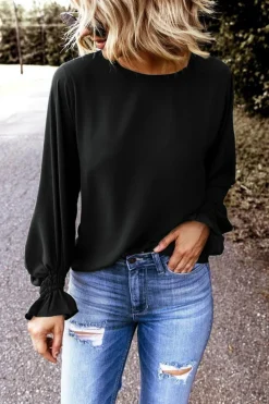 Sale Dear-Lover Crew Neck Ruffle Bubble Sleeve Top Black