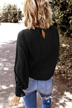 Sale Dear-Lover Crew Neck Ruffle Bubble Sleeve Top Black