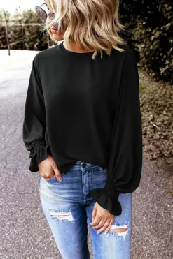 Sale Dear-Lover Crew Neck Ruffle Bubble Sleeve Top Black