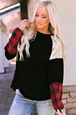 Best Dear-Lover Crewneck Lantern Sleeve Plaid Sequin Splicing Blouse Black