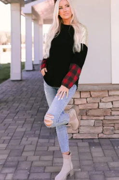 Best Dear-Lover Crewneck Lantern Sleeve Plaid Sequin Splicing Blouse Black