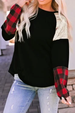 Best Dear-Lover Crewneck Lantern Sleeve Plaid Sequin Splicing Blouse Black