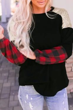 Best Dear-Lover Crewneck Lantern Sleeve Plaid Sequin Splicing Blouse Black