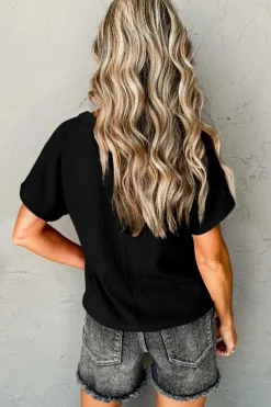 Hot Dear-Lover Crinkled V Neck Wide Sleeve T-shirt Black