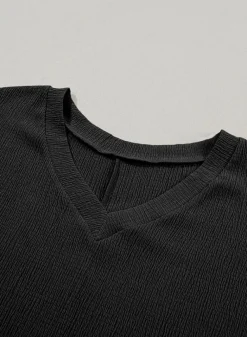 Hot Dear-Lover Crinkled V Neck Wide Sleeve T-shirt Black