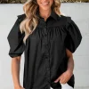 Fashion Dear-Lover Crisp Puff Sleeve Loose Shirt Black