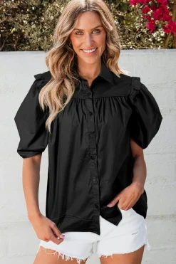 Fashion Dear-Lover Crisp Puff Sleeve Loose Shirt Black