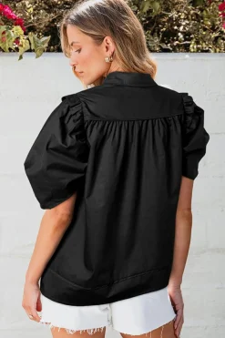 Fashion Dear-Lover Crisp Puff Sleeve Loose Shirt Black