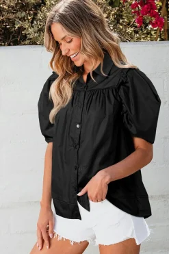 Fashion Dear-Lover Crisp Puff Sleeve Loose Shirt Black