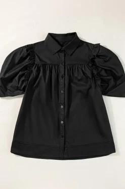 Fashion Dear-Lover Crisp Puff Sleeve Loose Shirt Black