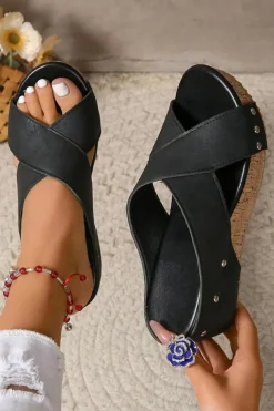 Clearance Dear-Lover Criss Cross Cut Out PU Leather Wedge Slippers Black