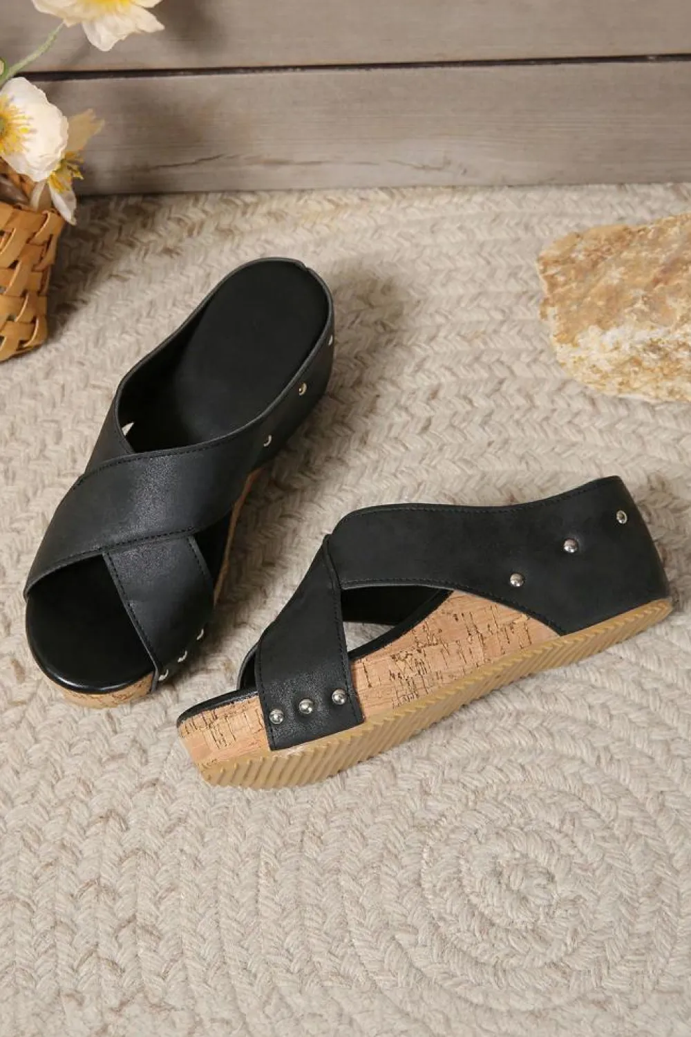 Clearance Dear-Lover Criss Cross Cut Out PU Leather Wedge Slippers Black