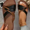 Sale Dear-Lover Criss Cross PU Leather Flat Slippers Black