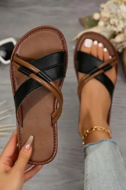 Sale Dear-Lover Criss Cross PU Leather Flat Slippers Black