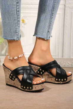 Sale Dear-Lover Criss Cross PU Leather Rivet Wedge Slippers Black