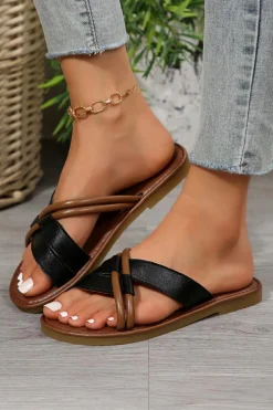 Sale Dear-Lover Criss Cross PU Leather Flat Slippers Black