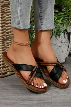 Sale Dear-Lover Criss Cross PU Leather Flat Slippers Black