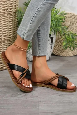 Sale Dear-Lover Criss Cross PU Leather Flat Slippers Black
