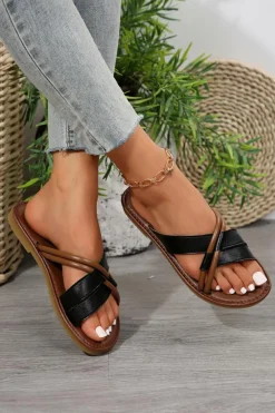Sale Dear-Lover Criss Cross PU Leather Flat Slippers Black