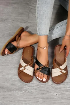 Sale Dear-Lover Criss Cross PU Leather Flat Slippers Black