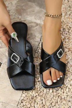 Best Dear-Lover Criss Cross Rhinestone Buckle Decor Square Toe Slippers Black