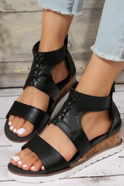 New Dear-Lover Crisscross Detail Hollowed Leather Gladiator Sandals Black